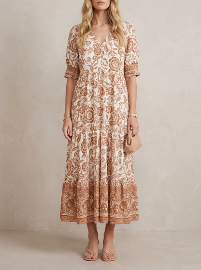 Hélène · Robe maxi fleurie col en V, légère et fluide