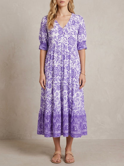 Hélène · Robe maxi fleurie col en V, légère et fluide