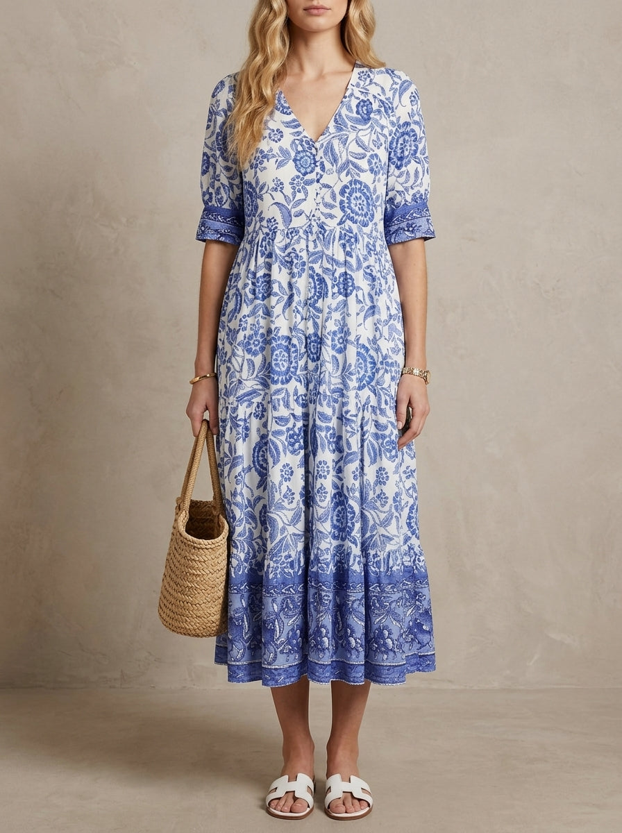 Hélène · Robe maxi fleurie col en V, légère et fluide