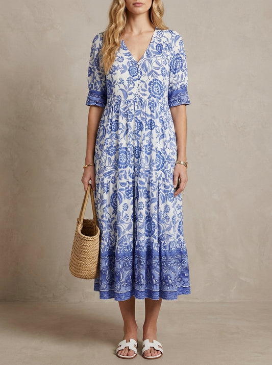 Hélène · Robe maxi fleurie col en V, légère et fluide