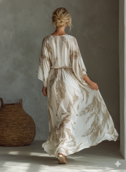 Robe Maxi en Chiffon Ivoire et Taupe avec Manches Dolman et Devant Tressé avec Imprimé de Feuille de Palmier