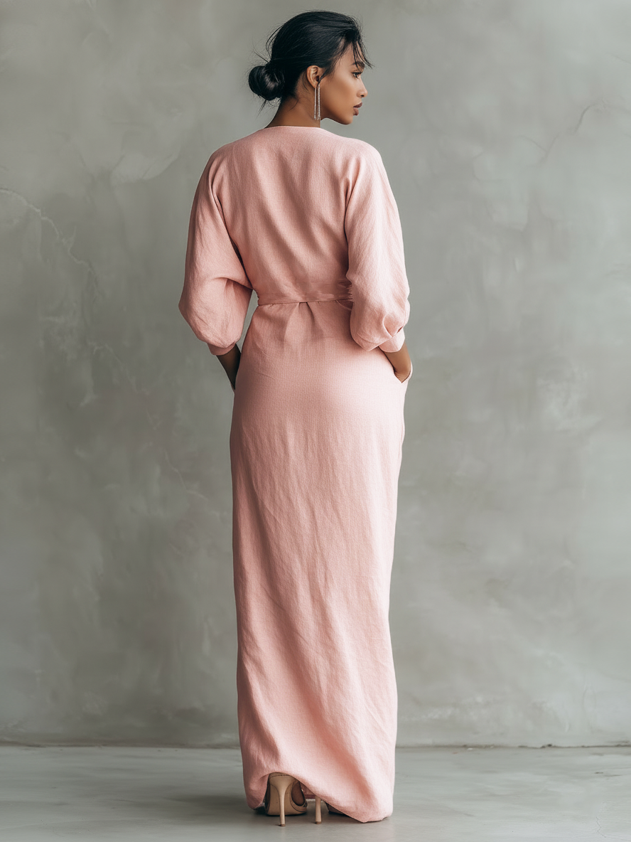 Robe Maxi Minimaliste avec Décolleté en V en Mélange de Lin Rose pour Femmes