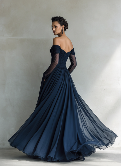 Robe Maxi Élégante en Chiffon Organza Bleu Foncé avec Manches Longues et Épaules Dénudées pour Femmes