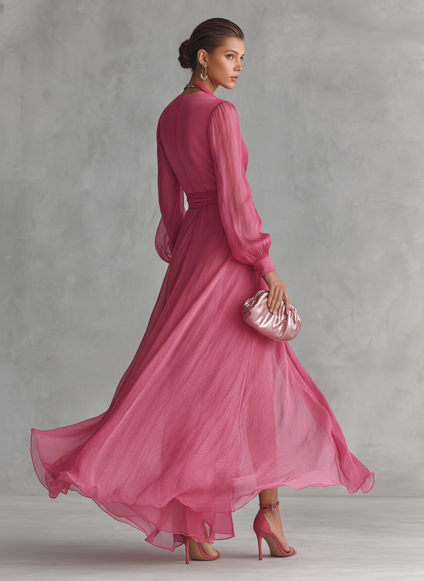 Robe Longue Élégante Femme en Chiffon Rose Pâle avec Perles, Décolleté en V et Taille Ajustée