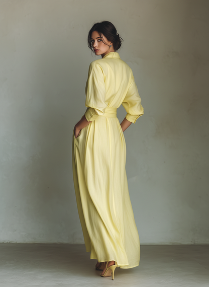 Robe Chemise Maxi Femme Jaune Citron En Coton Et Lin Avec Ceinture À Nouer & Manches Trois Quarts