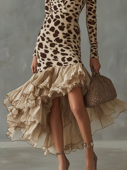 Marguerite · Robe midi à imprimé léopard et ourlet à volants