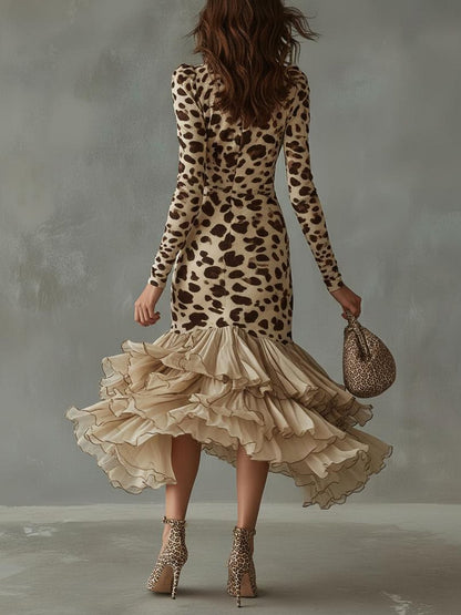Marguerite · Robe midi à imprimé léopard et ourlet à volants