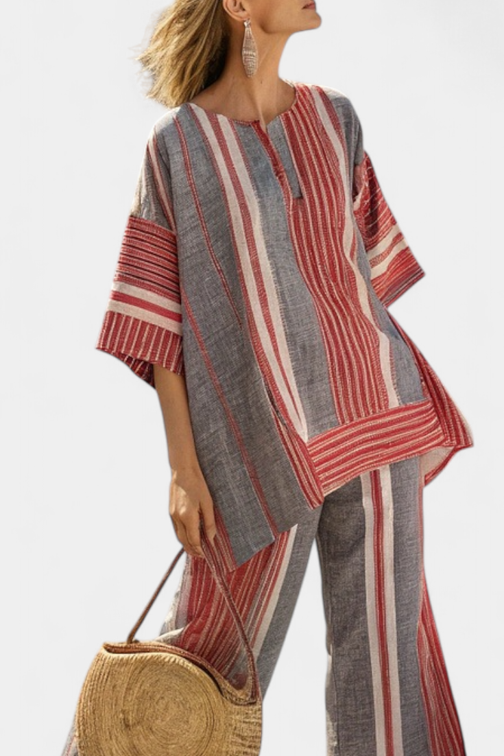 Bravine | Élégant Haut en Lin Corail-Gris et Pantalons à Jambe Large