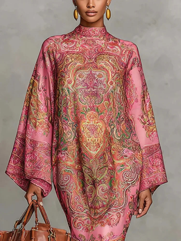 Paulette · Robe kaftan à col montant et imprimé artistique