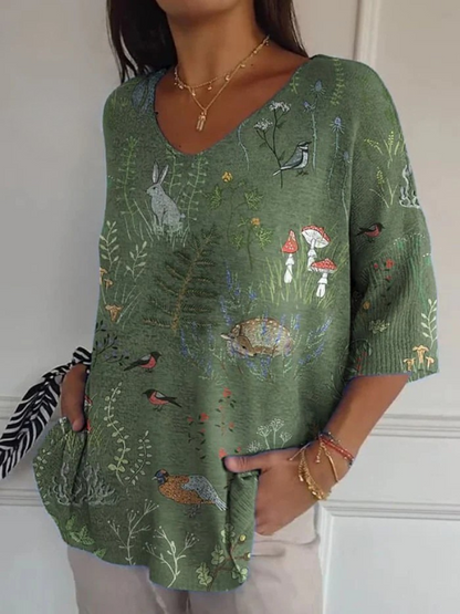 Pull en tricot imprimé avec motif de forêt et d'animaux pour femmes