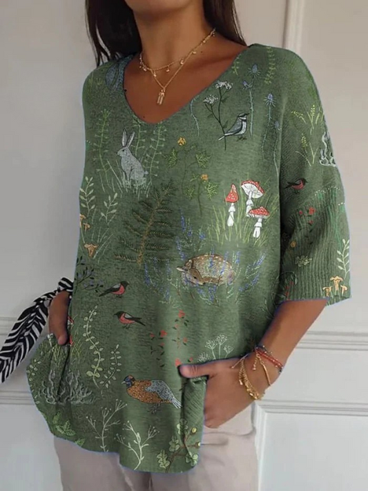 Pull en tricot imprimé avec motif de forêt et d'animaux pour femmes