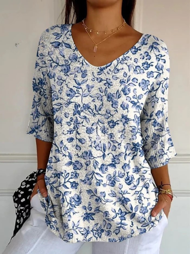 Pull décontracté en tricot à imprimé de petites fleurs bleues pour femmes