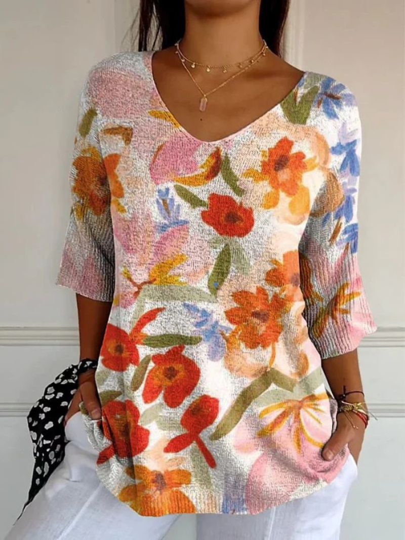 Pull en tricot floral vintage pour femmes
