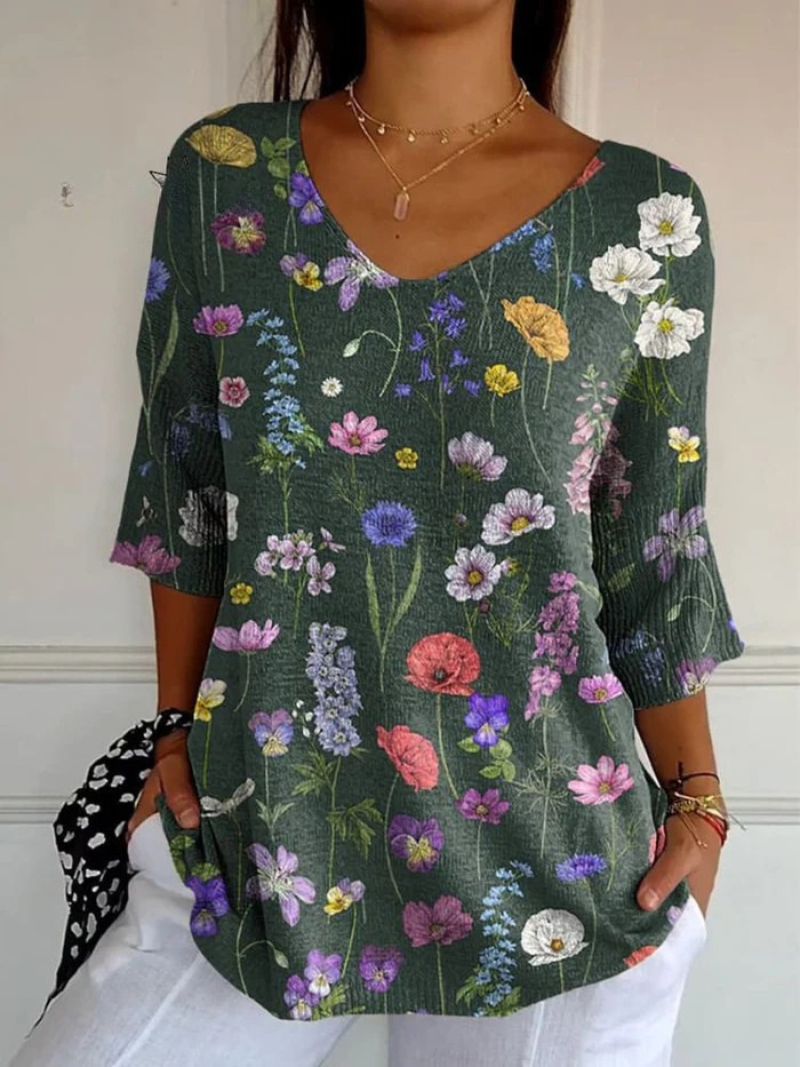 Pull en Tricot Imprimé avec Motif Botanique Printanier pour Femmes