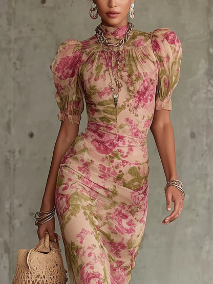 Fiora ∙ Robe longue avec imprimé vintage de roses et manches bouffantes