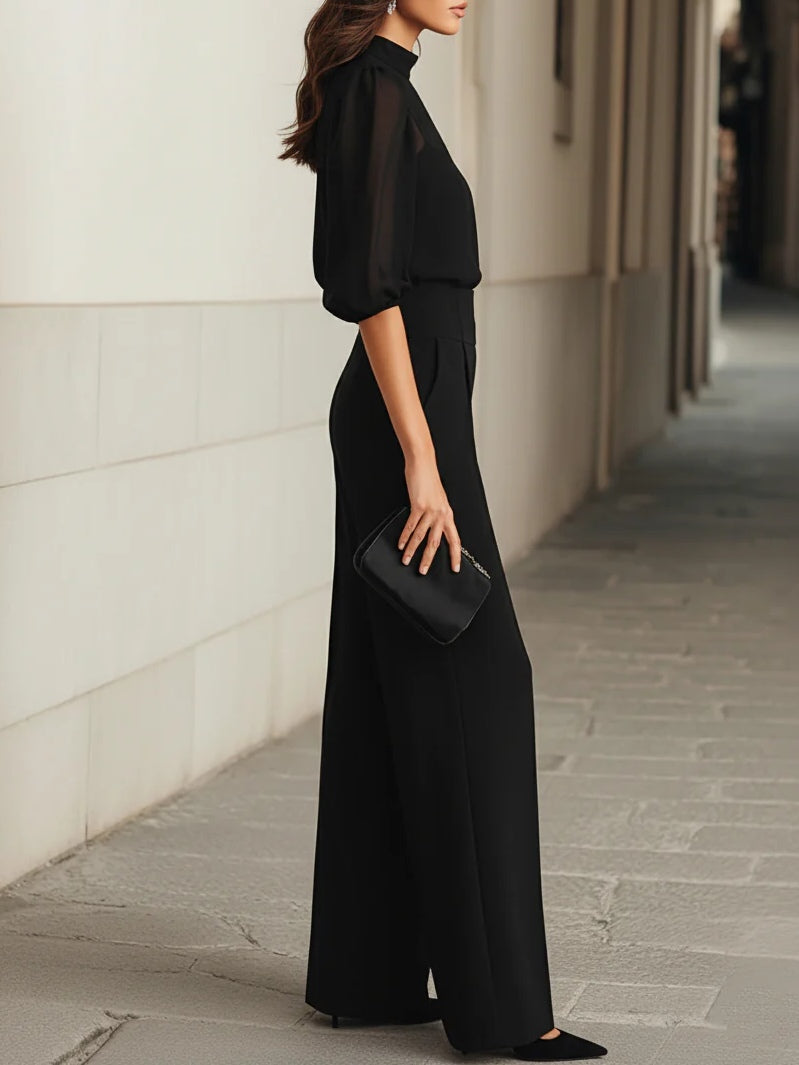 Valentina • Ensemble de trois pièces noir, composé d'un haut transparent et de pantalons à jambes larges