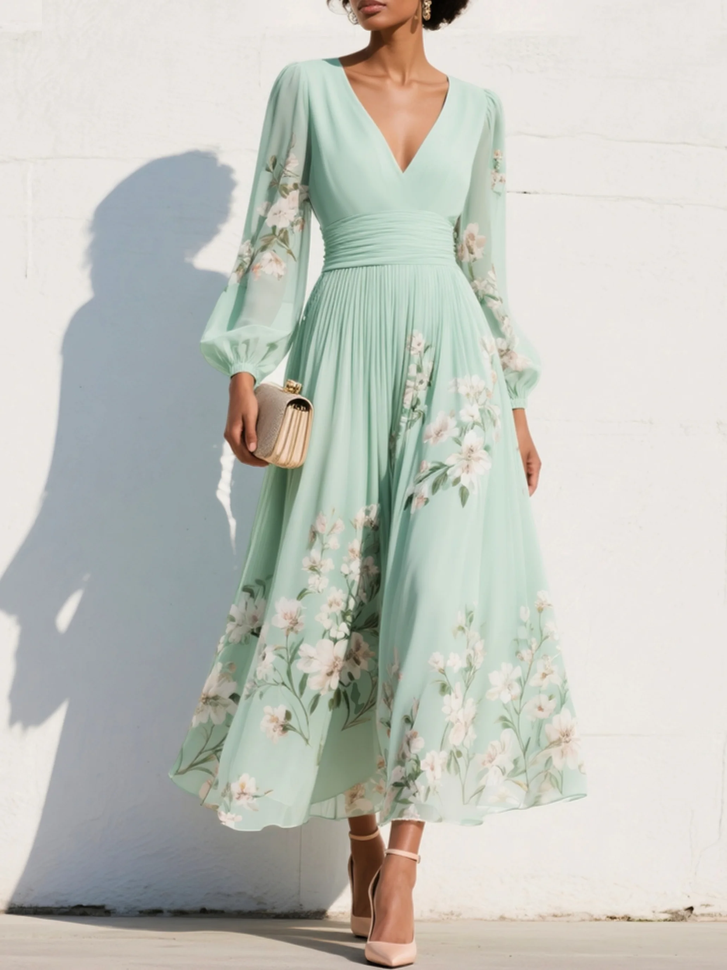 Hélène · Robe midi plissée à broderie florale