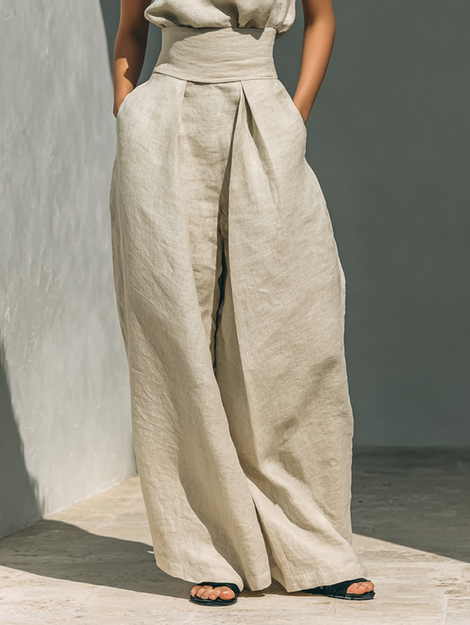 Aurora • Ensemble composé d'un top sans manches beige en mélange de coton et de lin et de pantalons à jambes larges