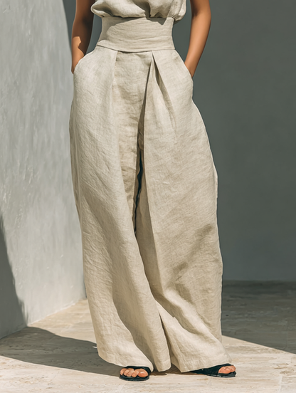 Aurora • Ensemble composé d'un top sans manches beige en mélange de coton et de lin et de pantalons à jambes larges