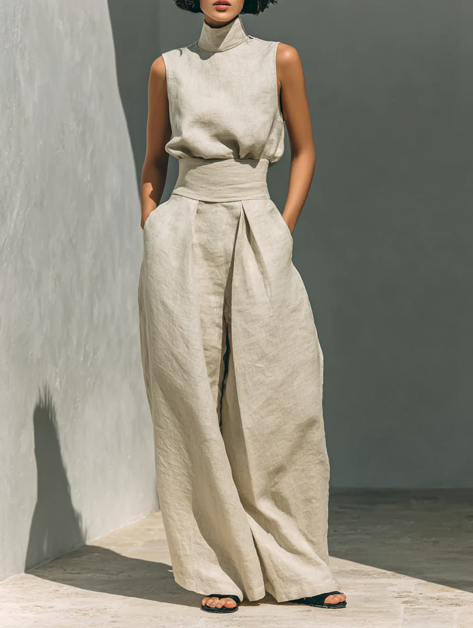 Aurora • Ensemble composé d'un top sans manches beige en mélange de coton et de lin et de pantalons à jambes larges
