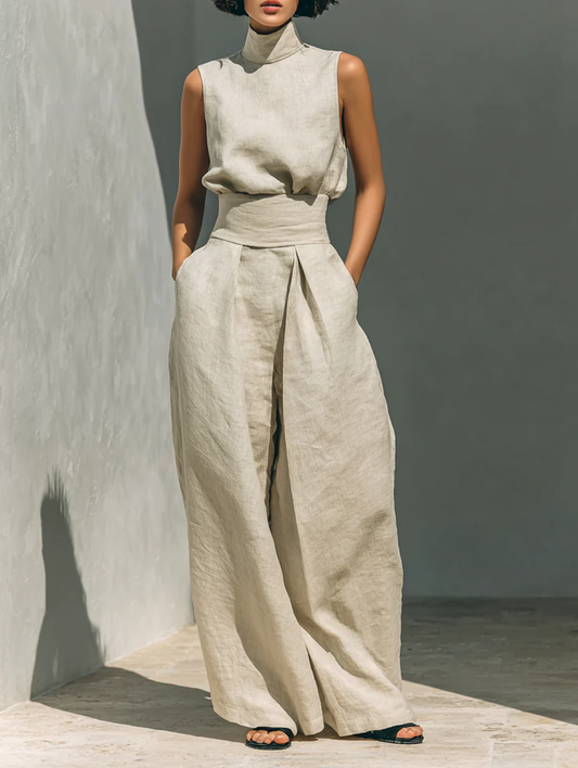 Aurora • Ensemble composé d'un top sans manches beige en mélange de coton et de lin et de pantalons à jambes larges