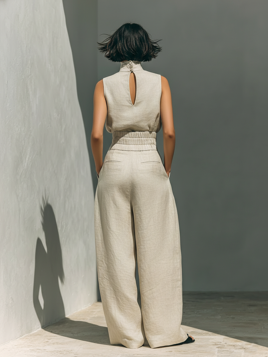 Aurora • Ensemble composé d'un top sans manches beige en mélange de coton et de lin et de pantalons à jambes larges