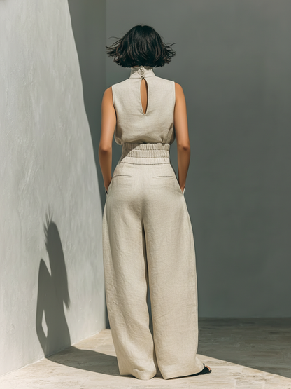 Aurora • Ensemble composé d'un top sans manches beige en mélange de coton et de lin et de pantalons à jambes larges