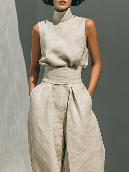 Aurora • Ensemble composé d'un top sans manches beige en mélange de coton et de lin et de pantalons à jambes larges