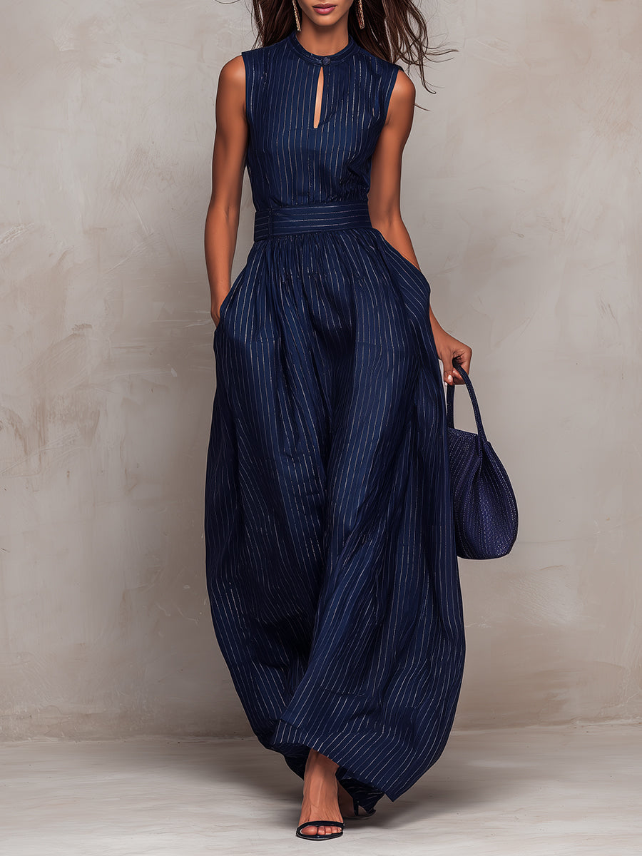Anna - Mono bleu foncé à rayures avec décolleté en forme de clé et pantalon à jambes larges