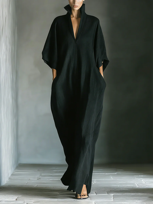 Alessandra • Robe longue noire oversize minimaliste avec manches kimono
