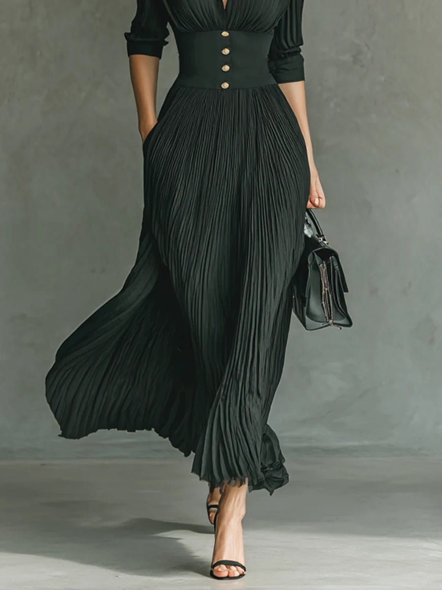 Elvira | Robe longue plissée avec col et taille haute