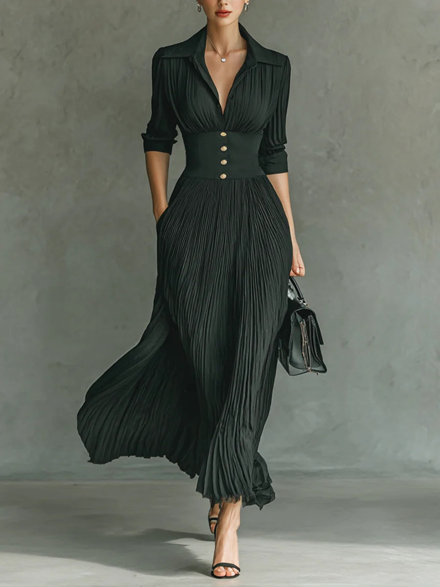 Elvira | Robe longue plissée avec col et taille haute