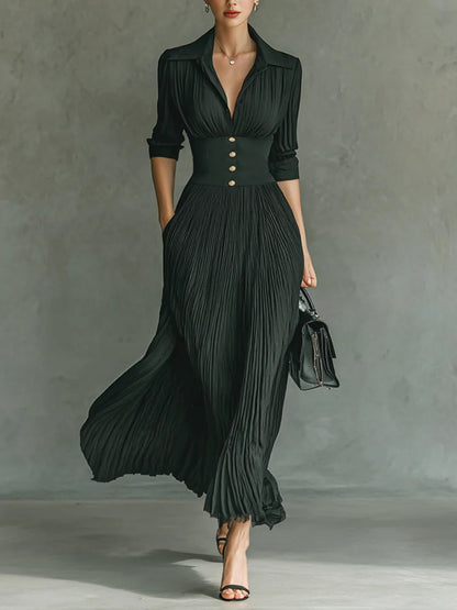 Elvira | Robe longue plissée avec col et taille haute