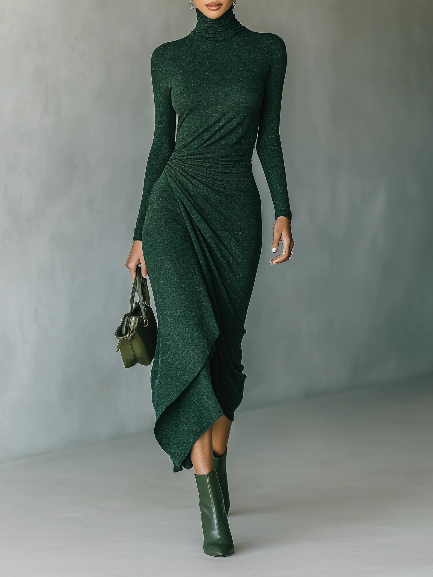 Lenora ∙ Robe midi enveloppante asymétrique avec plis et col montant vert foncé