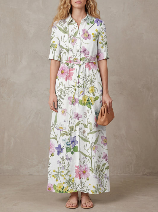 Simone · Robe midi fleurie aquarelle, lacet ajustable
