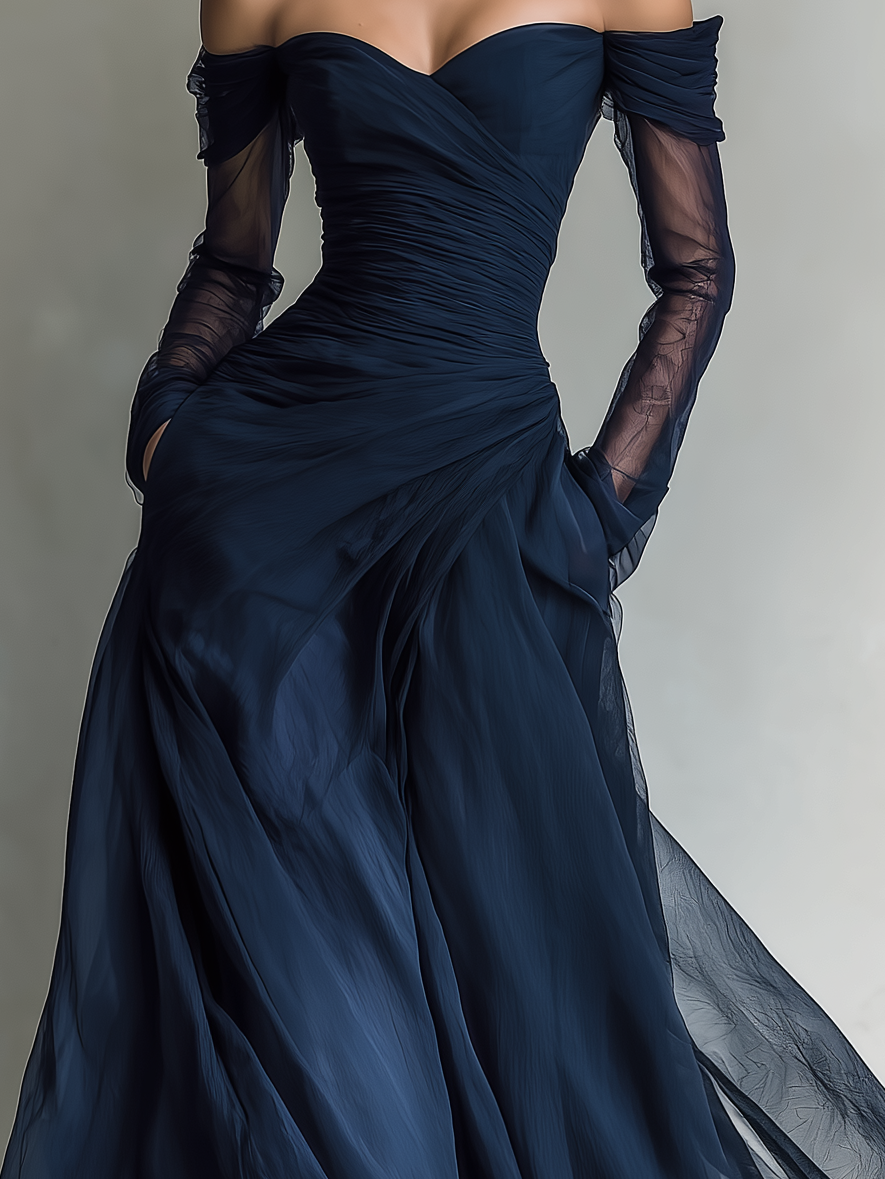 Robe Maxi Élégante en Chiffon Organza Bleu Foncé avec Manches Longues et Épaules Dénudées pour Femmes