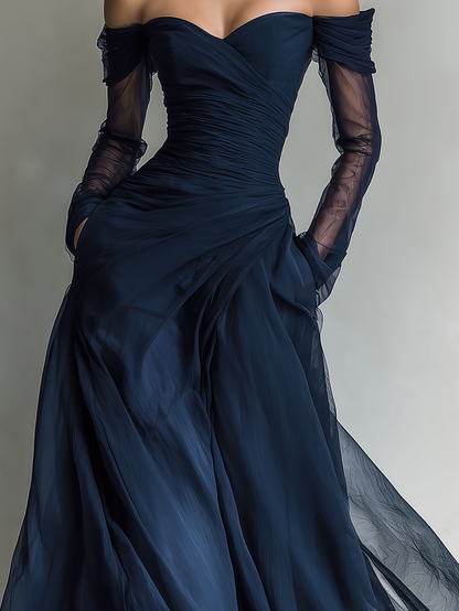 Robe Maxi Élégante en Chiffon Organza Bleu Foncé avec Manches Longues et Épaules Dénudées pour Femmes