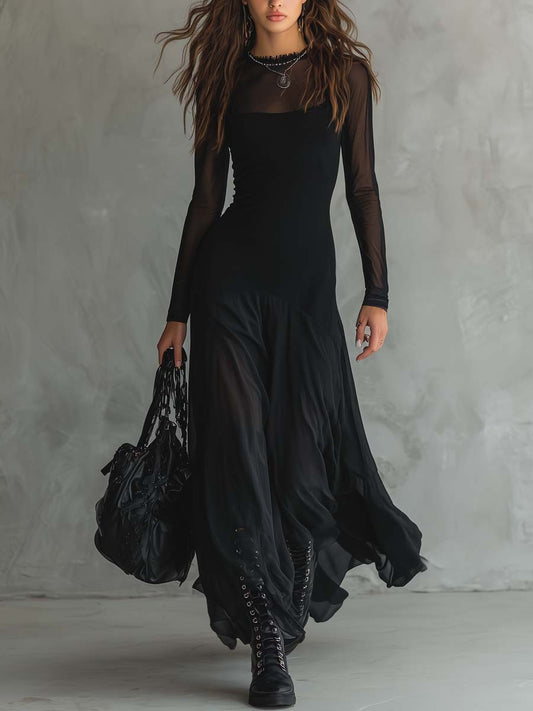 Elena · Robe maxi noire avec manches transparentes
