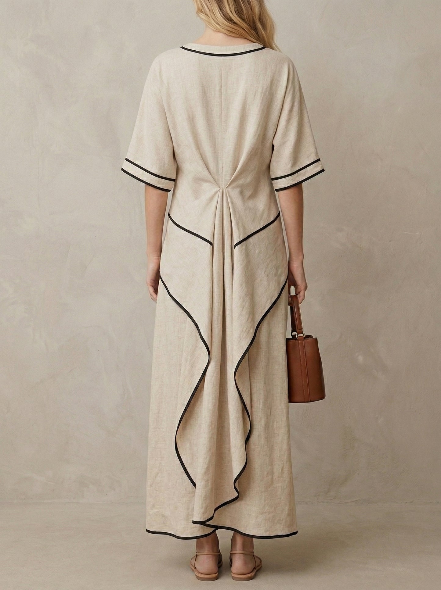 Jacqueline · Robe kaftan col V, liseré contrasté et nœud à la taille