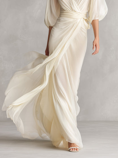 Robe en Chiffon Transparent Ivoire pour Femmes avec Manches Volumineuses et Détail Enveloppant, Robe de Style Romantique-Luxueux Intemporel