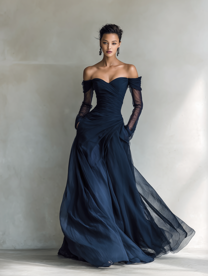 Robe Maxi Élégante en Chiffon Organza Bleu Foncé avec Manches Longues et Épaules Dénudées pour Femmes