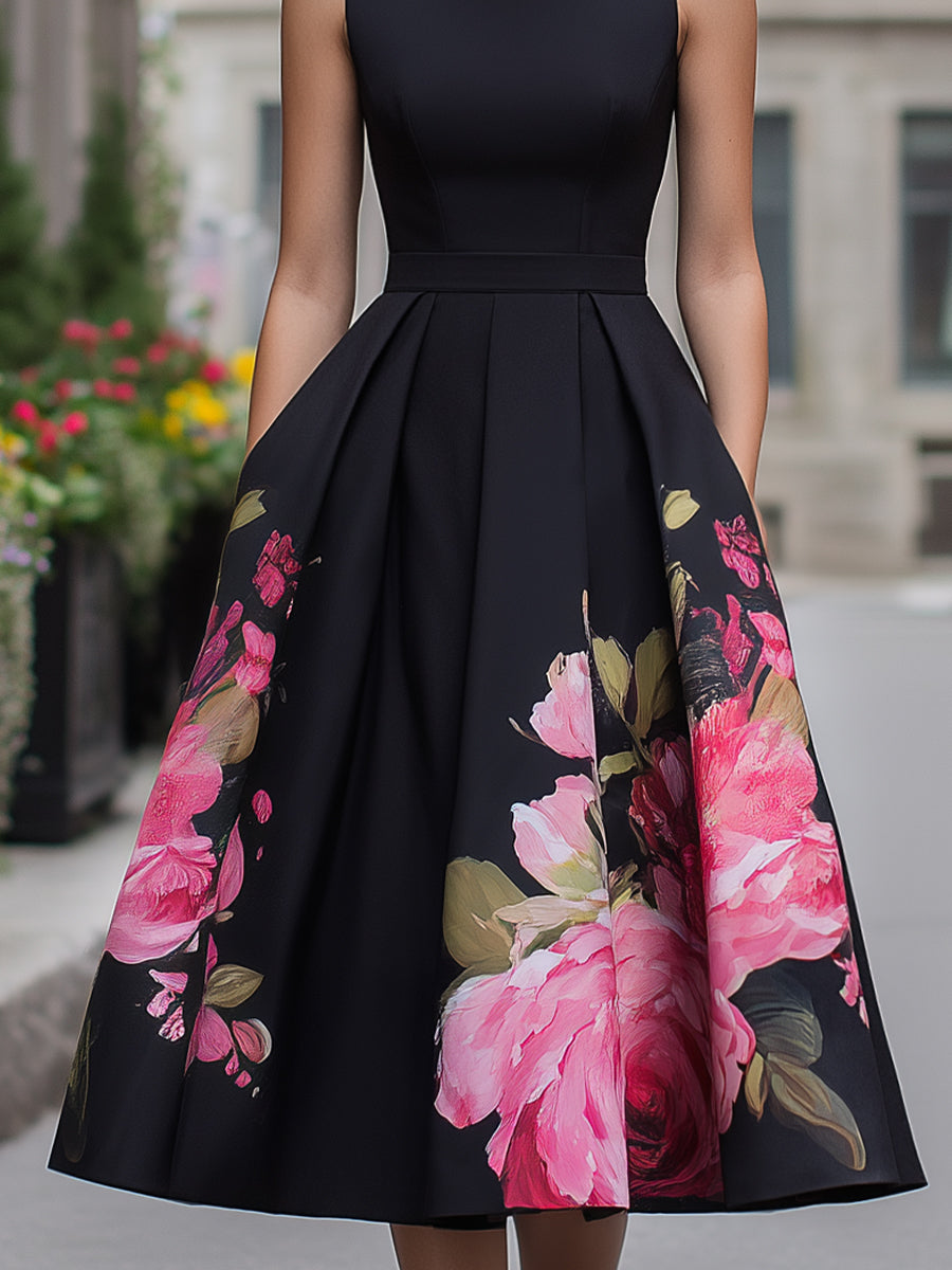 Robe Midi Élégante Sans Manches Avec Jupe Imprimée Florale