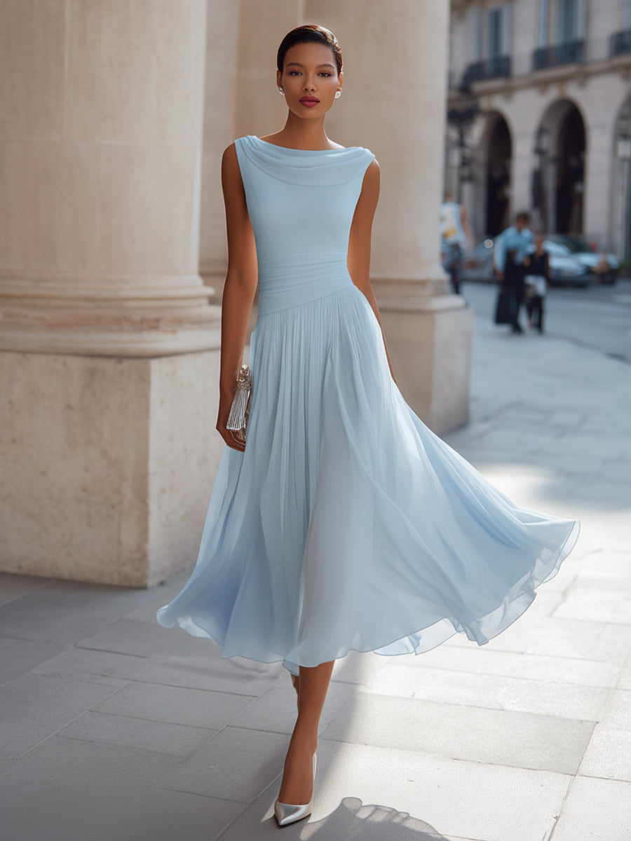 Robe Midi Sans Manches à Col Drapé