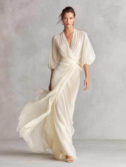 Robe en Chiffon Transparent Ivoire pour Femmes avec Manches Volumineuses et Détail Enveloppant, Robe de Style Romantique-Luxueux Intemporel