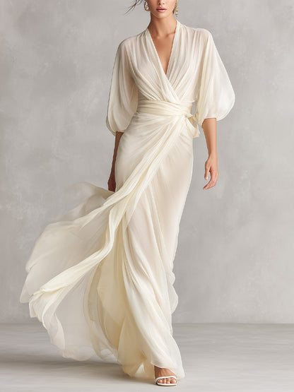 Robe en Chiffon Transparent Ivoire pour Femmes avec Manches Volumineuses et Détail Enveloppant, Robe de Style Romantique-Luxueux Intemporel
