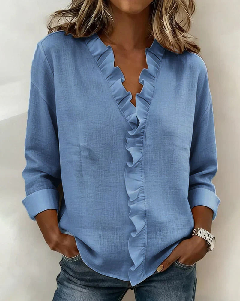 Yvonne | Blouse avec Volants, Col en V et Manches Longues