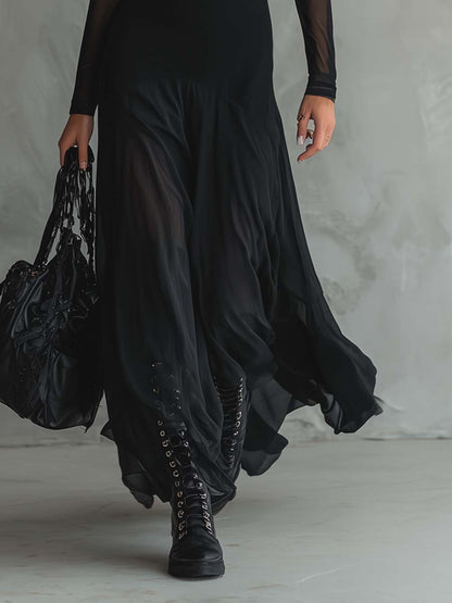 Elena · Robe maxi noire avec manches transparentes