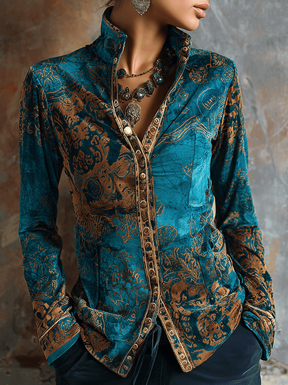 Julia · Blouse Velours Bleu Paon