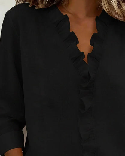 Yvonne | Blouse avec Volants, Col en V et Manches Longues