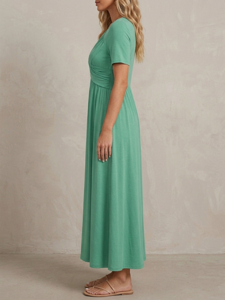Geneviève · Robe midi col V croisé, drapé élégant et taille empire